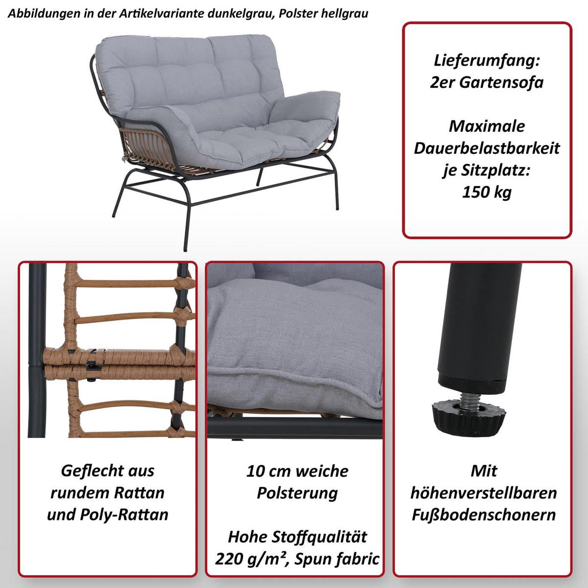 SOFA Dunkelgrau, Hellgrau - Dunkelgrau/Hellgrau, Metall (121/93/87cm) - MCW