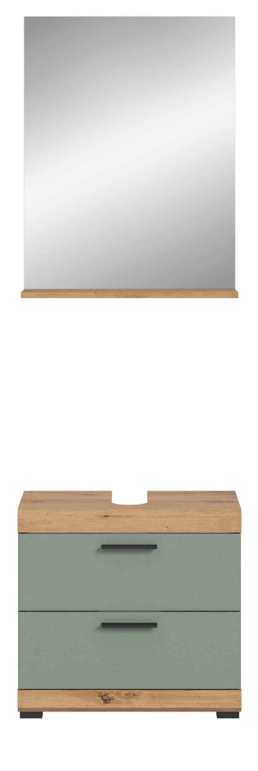 BADMÖBEL-SET Salbei grün, Eiche Artisan 2-teilig 60 cm, Kombination mit Spiegel - Salbeigrün/Schwarz, Glas/Holzwerkstoff (60/191/37cm) - Inn.Furn