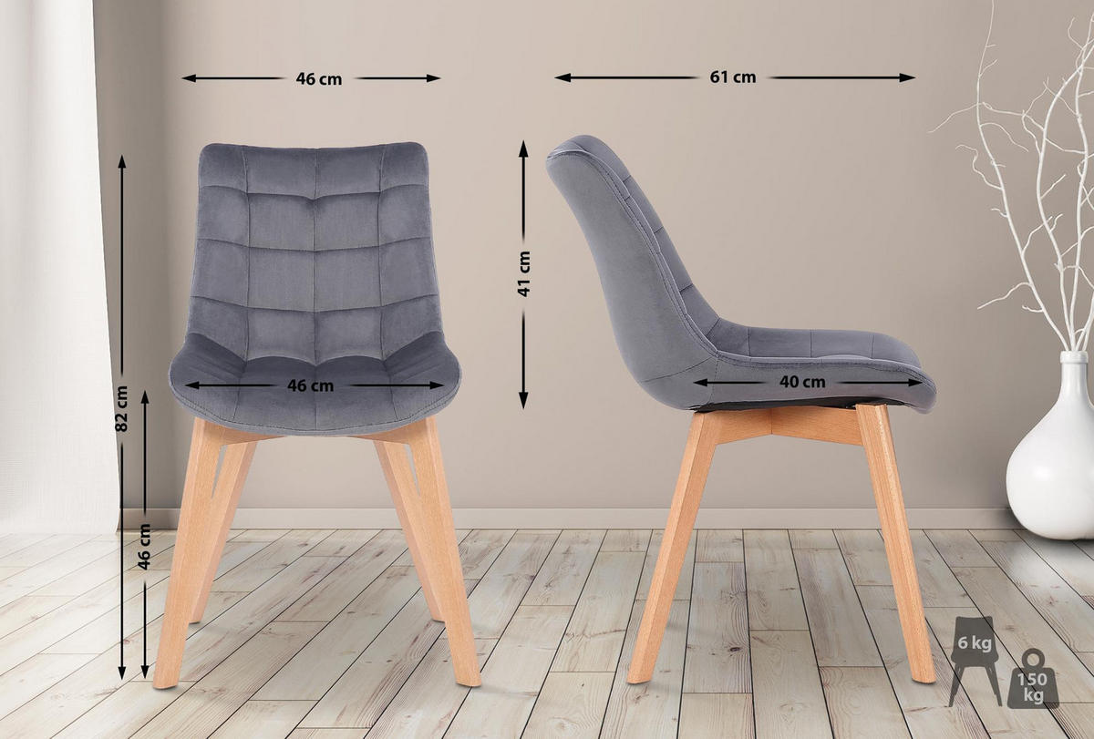 STUHL 2er Set Samt Grau - Eukalyptusholzfarben/Grau, Holz/Textil (46/82/61cm) - CLP