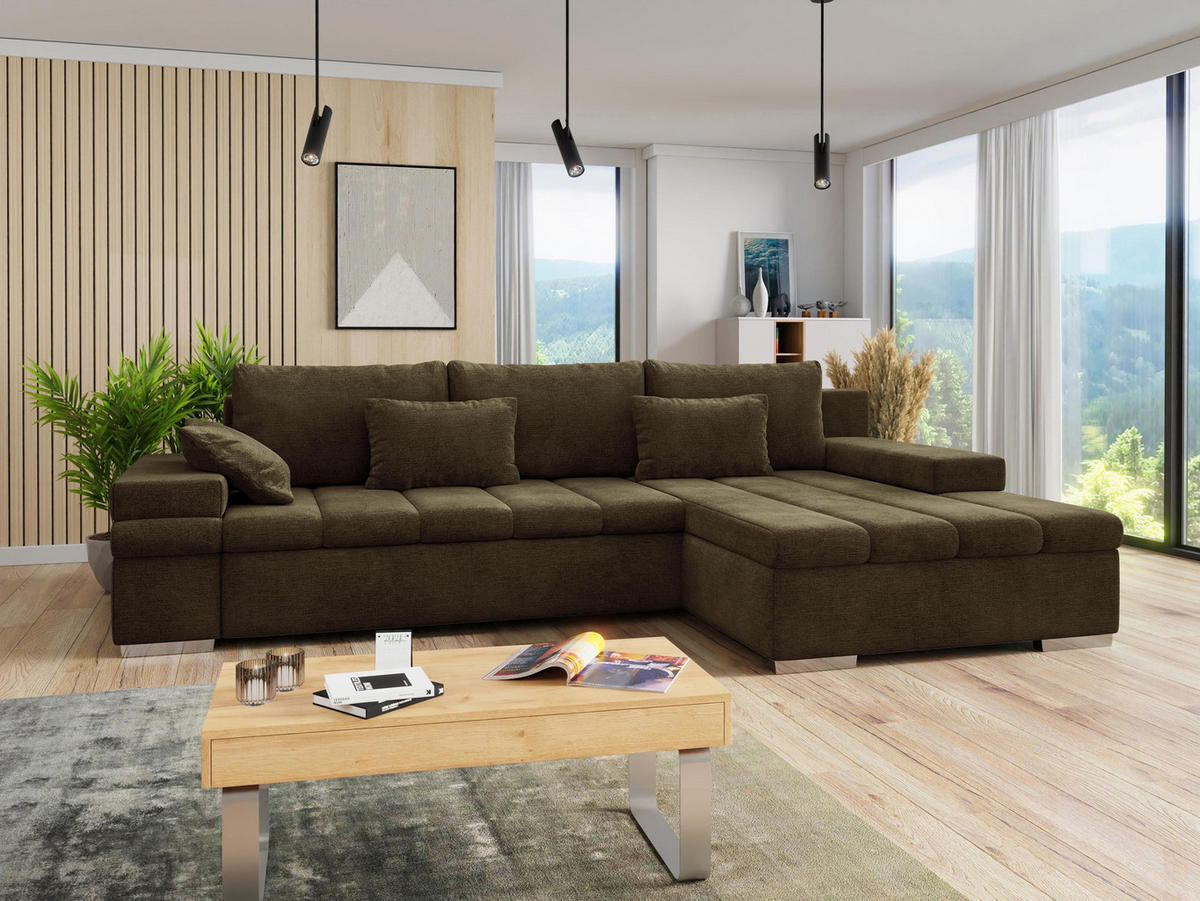 ECKSOFA Bangkok, Seite: Rechts - Dunkelbraun/Silberfarben, Holz/Textil (310/175cm) - MIRJAN24