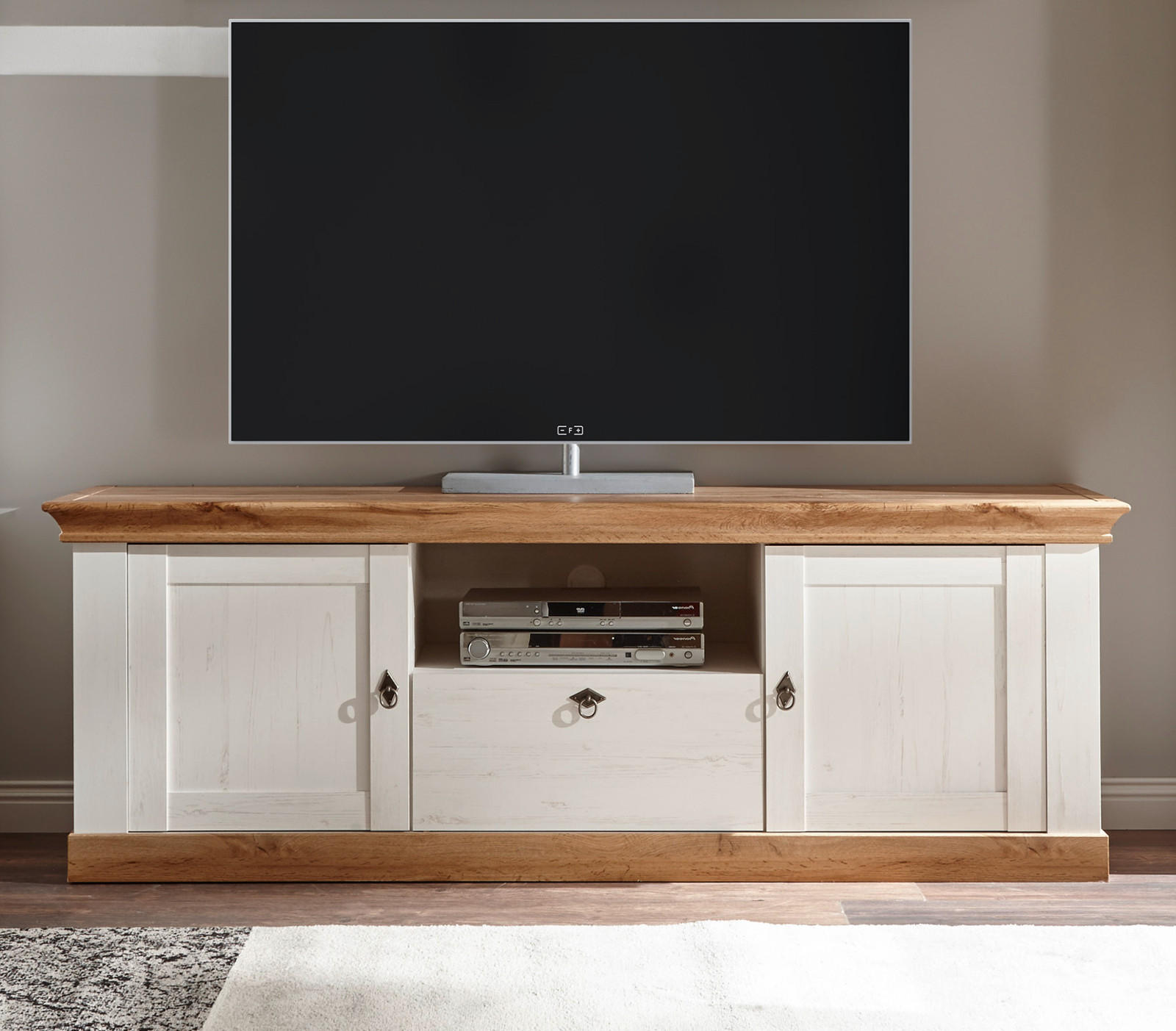 TV-LOWBOARD weiß Pinie, Eiche Wotan 183 cm, Landhaus Fernsehtisch mit Komforthöhe - Silberfarben/Eiche Wotan, Holzwerkstoff/Metall (182/64/52cm) - Furn.Design