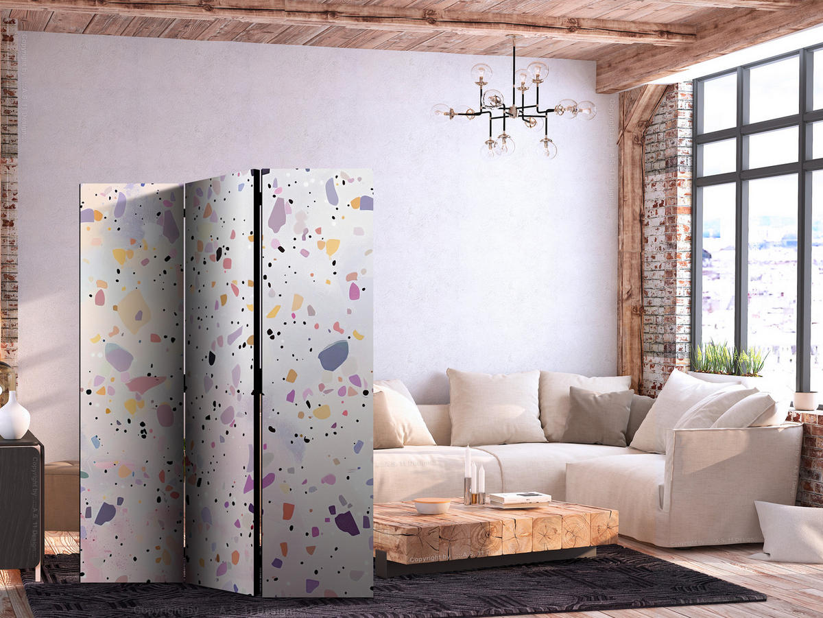 PARAVENT Einseitig Bedruckter 3-tlg 135x172 cm Terrazzo Confetti Stil - Multicolor, Holz/Textil (135/172/3cm) - Muralo