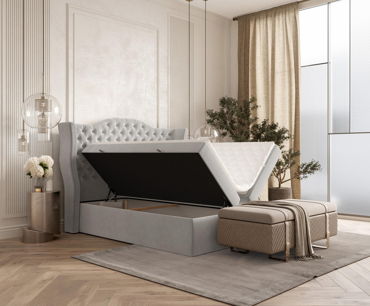 BOXBETT Royal Hellbeige 200/200 cm im Samtstoff - Hellgrau/Schwarz, Holz/Holzwerkstoff (200/200cm) - Maison de Reve