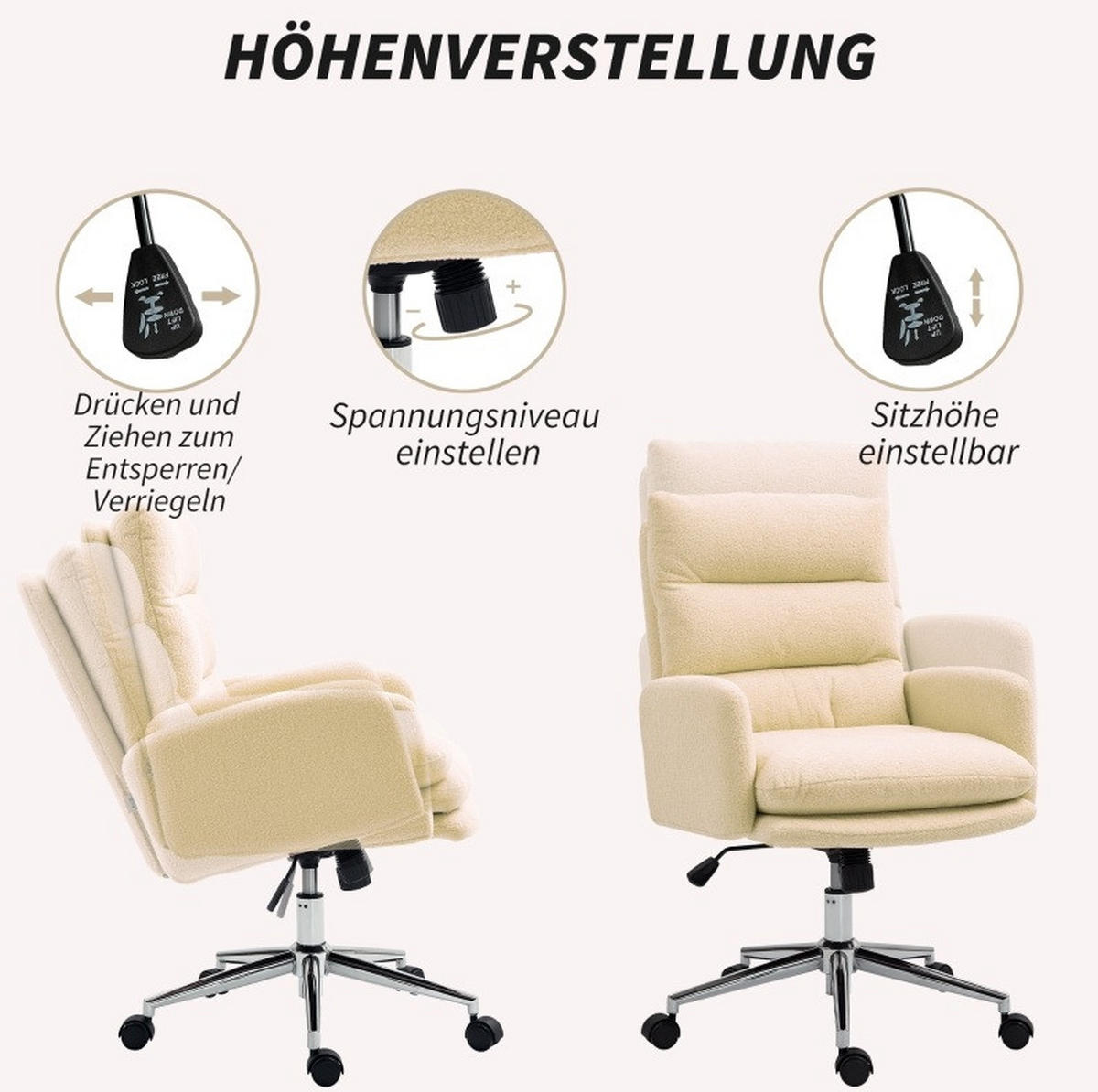 DREHSTUHL 67/58/91-99 cm cremeweiß aus Polyester mit Wippfunktion und Höhenverstellung - Creme, Kunststoff (58/99/67cm) - OKWISH
