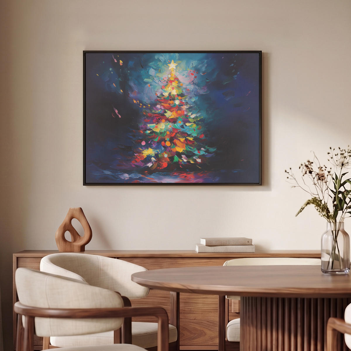 LEINWAND Bilder mit Rahmen - Weihnachtsbaum - Weihnachten - Abstrakt - Farbenfroh - 80x60 - Multicolor, Textil (80/60cm) - MuchoWow