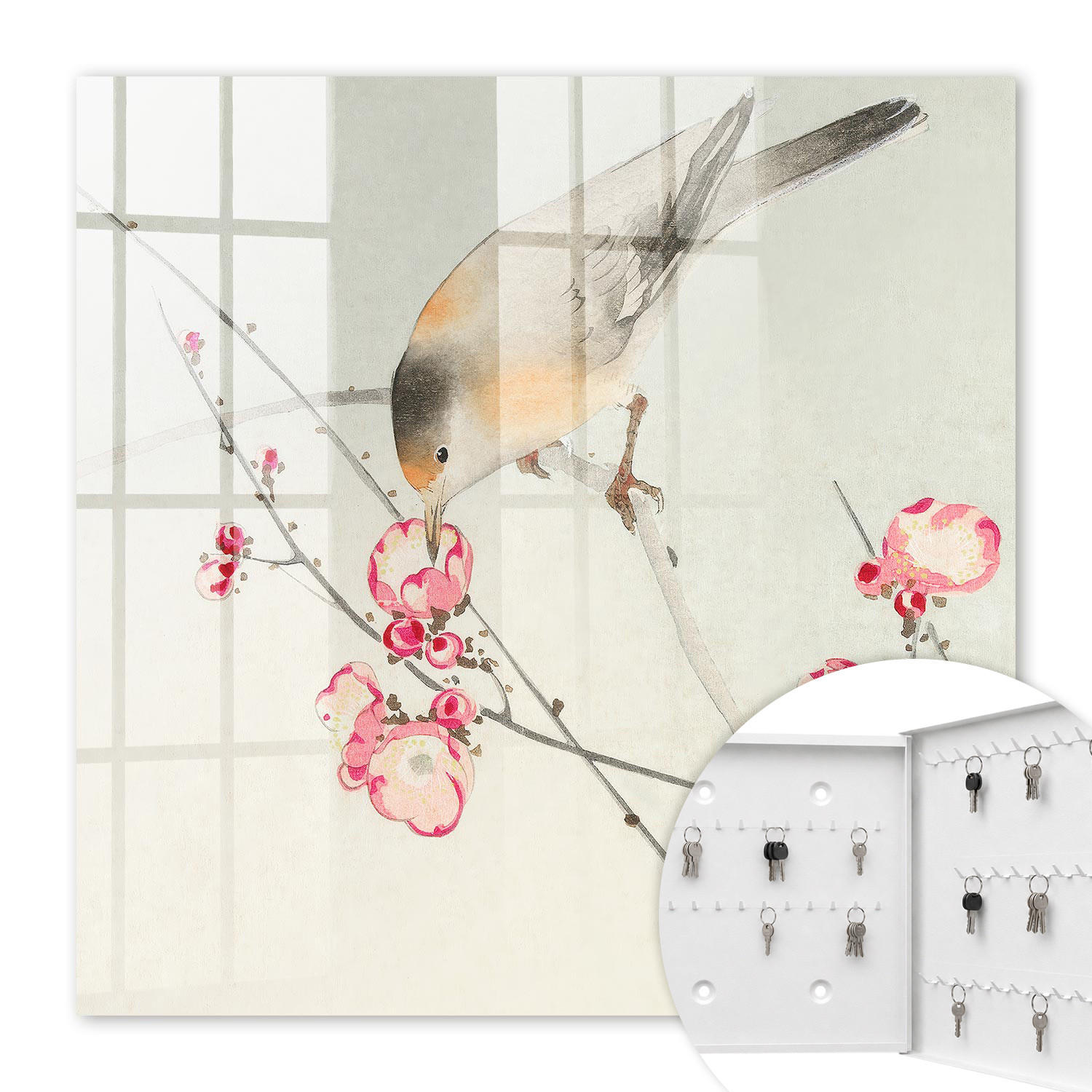 SCHLÜSSELBOX Weiß 30x30 cm – Türöffnung nach rechts - Vogelblumen - Grau, Metall (30/30/5cm) - TULUP