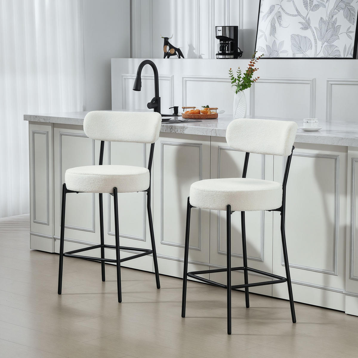 BARHOCKER 2er-Set DE-14785 gepolstert mit Fußstütze Creme - Creme, Metall (49/95/52cm) - ComfortXL