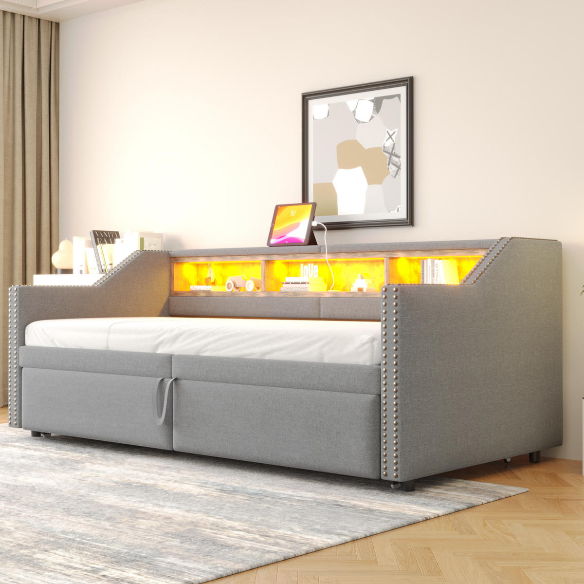 POLSTERBETT 90/180 x 200 cm Hellgrau mit LED-Beleuchtung und USB-Anschlüssen - Hellgrau, Textil (90/200cm) - Flora Grace