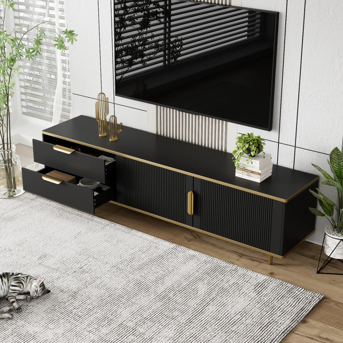 TV-SCHRANK Lowboard Schwarz geschnitzte Struktur goldene Griffe - Schwarz, Holz (41/18/107cm) - FLIEKS