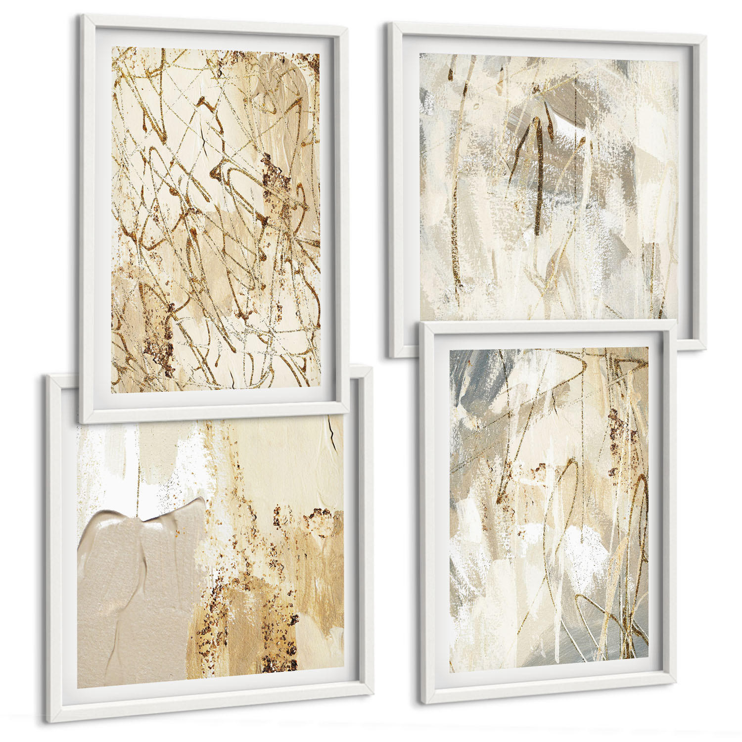 BILDER SET 4er Set - 50x50 cm & 40x60 cm Weißer Rahmen - Beige abstrakte Formen Linien - Weiß, Kunststoff (50/50cm) - TULUP