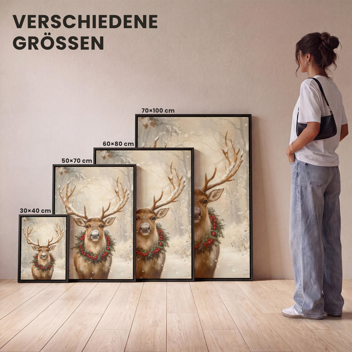 LEINWAND Bilder mit Rahmen - Weihnachten - Rentier - Winter - Kranz - 70x100 - Naturfarben, Textil (70/100cm) - MuchoWow