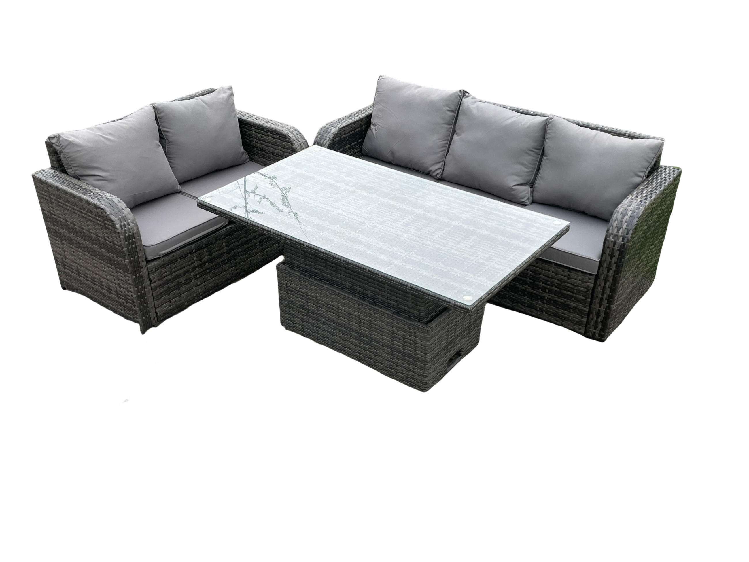 GARTENSOFA SET Polyrattan 5-Sitzer - Dunkelgrau/Grau, Glas/Kunststoff - Fimous