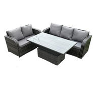 GARTENSOFA SET Polyrattan 5-Sitzer - Dunkelgrau/Grau, Glas/Kunststoff - Fimous