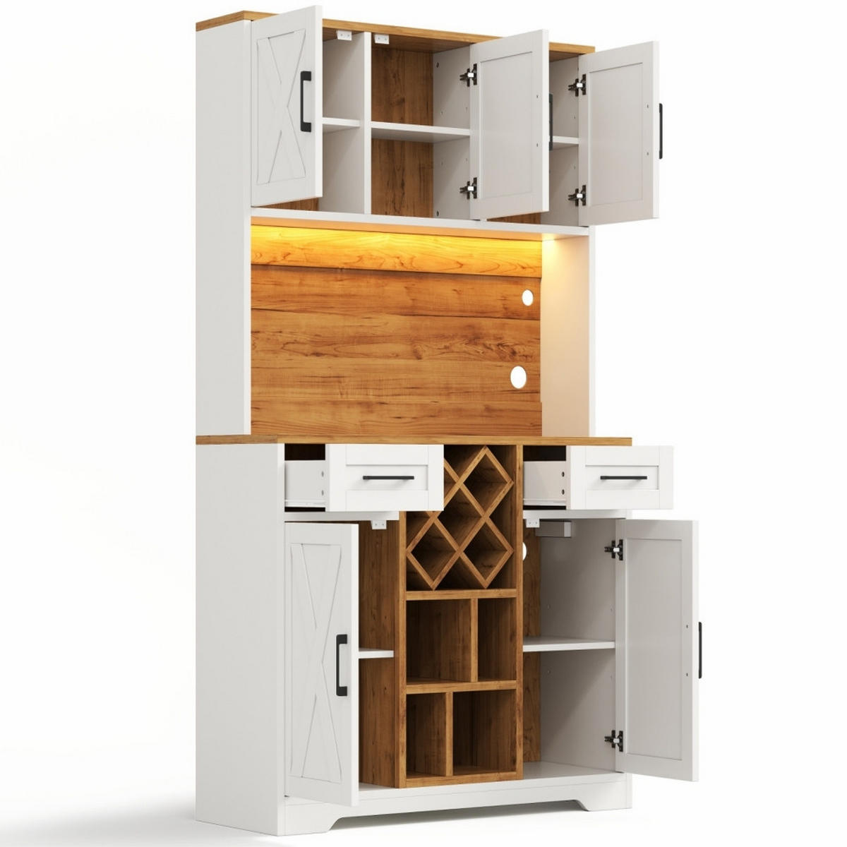 KÜCHENSCHRANK MIT LED-BELEUCHTUNG UND STECKDOSE, mit Weinregal, MDF, Scheunentor-Design, für Esszimmer, 105/40/180 cm - Naturfarben, Kunststoff (40/180/105cm) - Rolipo