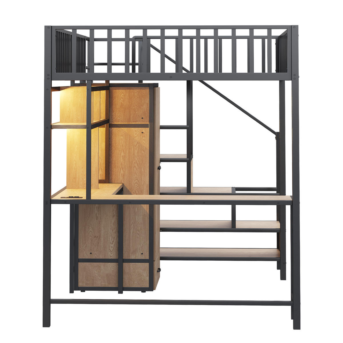 HOCHBETT 140/200 cm DE-01503, in Schwarz, mit Schreibtisch, Kleiderschrank, Ladebuchse und LED - Schwarz, Metall (140/200cm) - ComfortXL