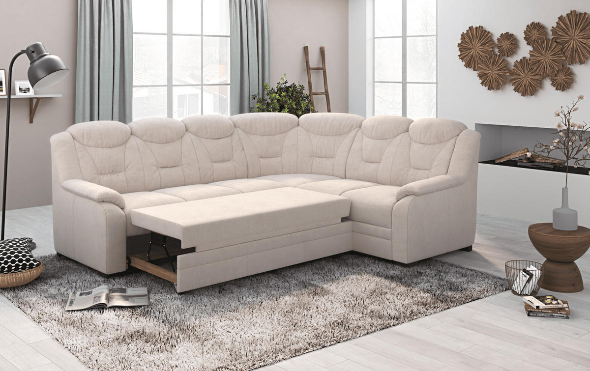 ECKSOFA mit Schlaffunktion und Bettkasten – weiches Chenille-Gewebe - Sandfarben/Beige, Holz/Kunststoff (211/263cm) - Cotta