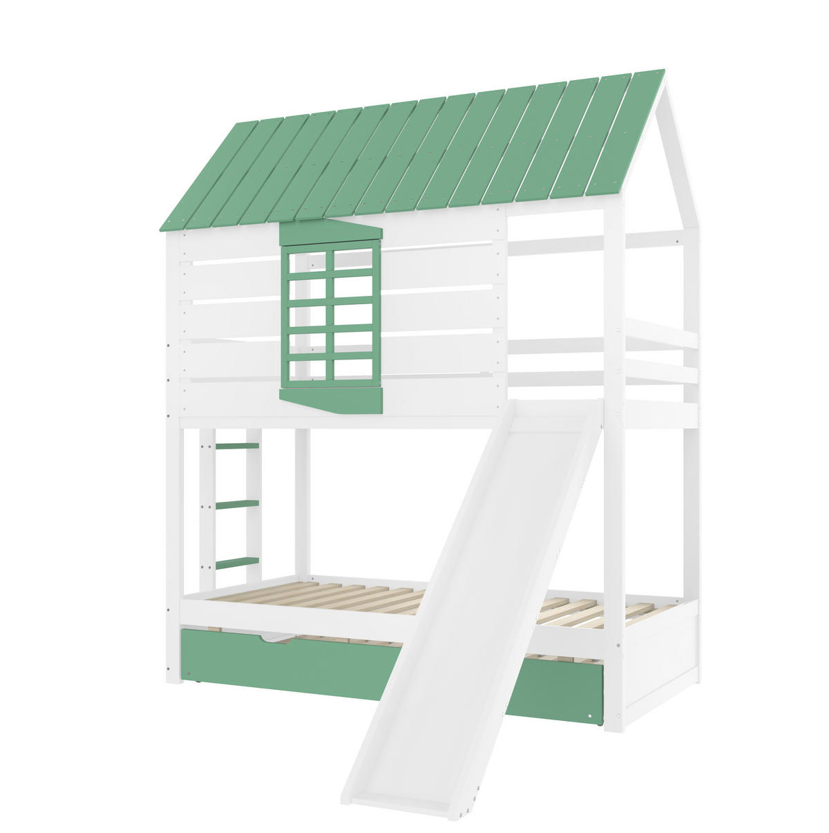 HAUSBETT 90/200 cm mit Rutsche und Ausziehbett in Weiß/Grün - Weiß, Holzwerkstoff (90/200cm) - BEAOK