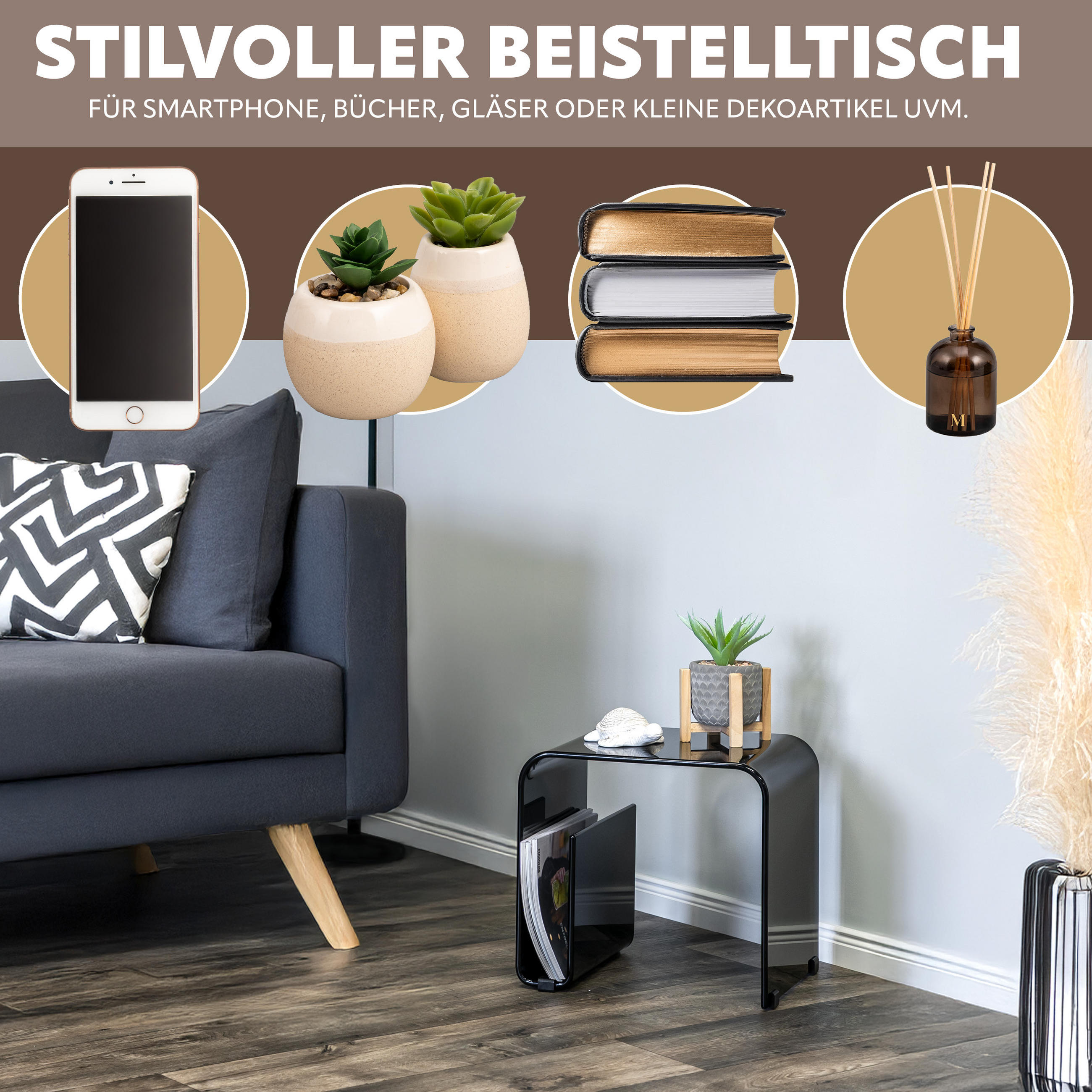 BEISTELLTISCH MIT MAGAZINHALTER Acryl schwarzglänzend - Schwarz Hochglanz, Kunststoff (30/38.5/35.5cm) - eluno
