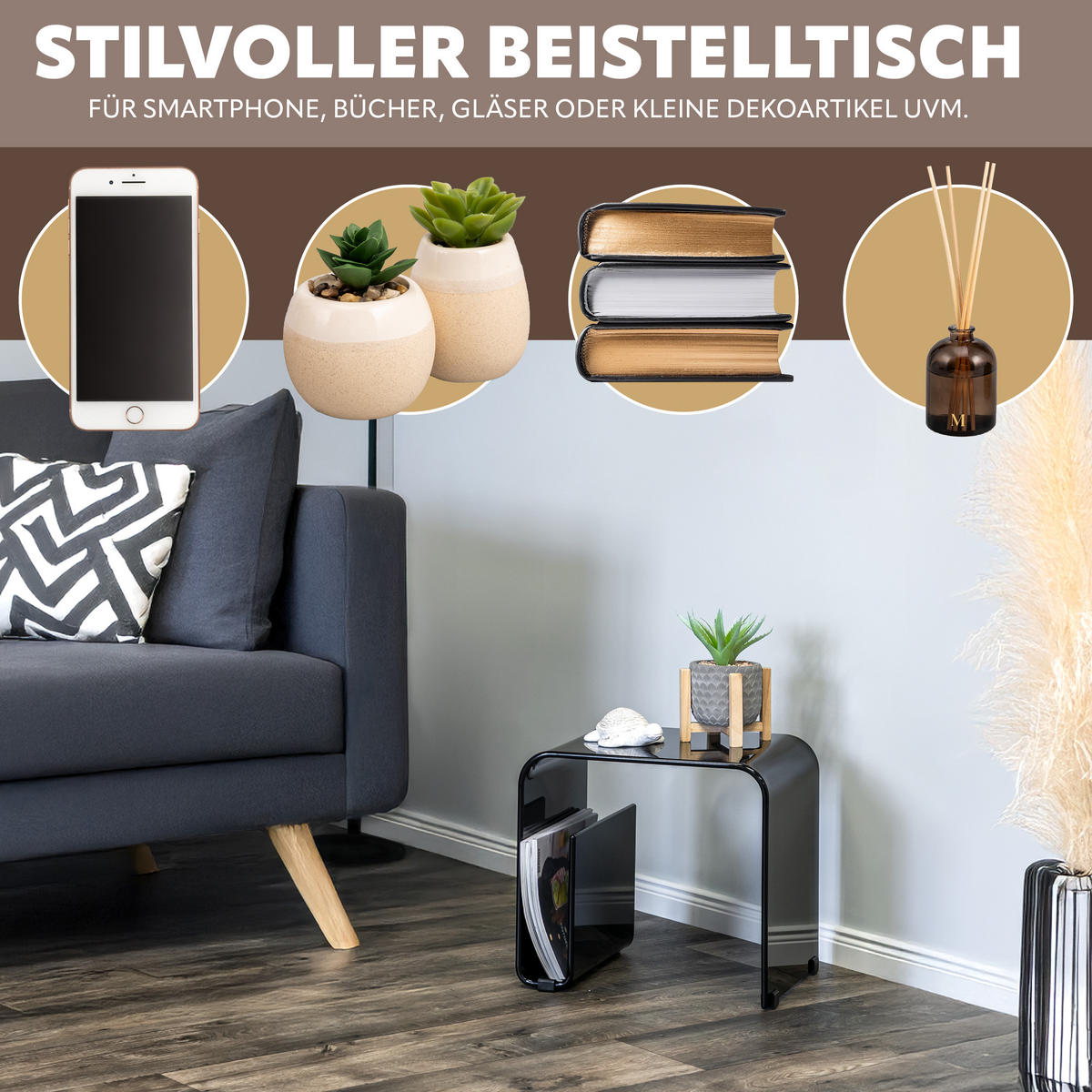 BEISTELLTISCH MIT MAGAZINHALTER Acryl schwarzglänzend - Schwarz Hochglanz, Kunststoff (30/38.5/35.5cm) - eluno