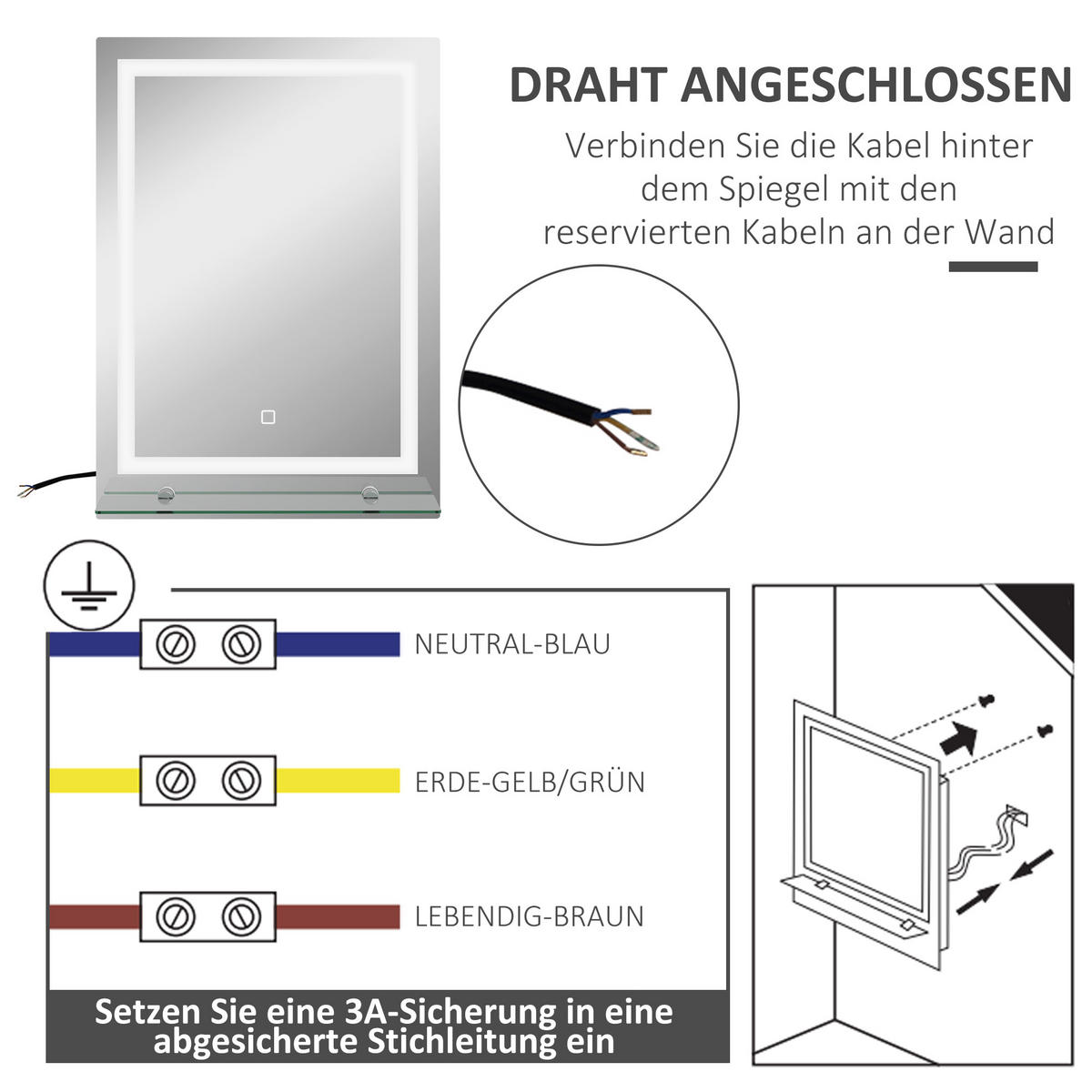 BADSPIEGEL mit Beleuchtung, Wandspiegel mit 3 Lichtfarben, 50 x 70 cm - Silberfarben, Metall (50/70/2.7cm) - Kleankin