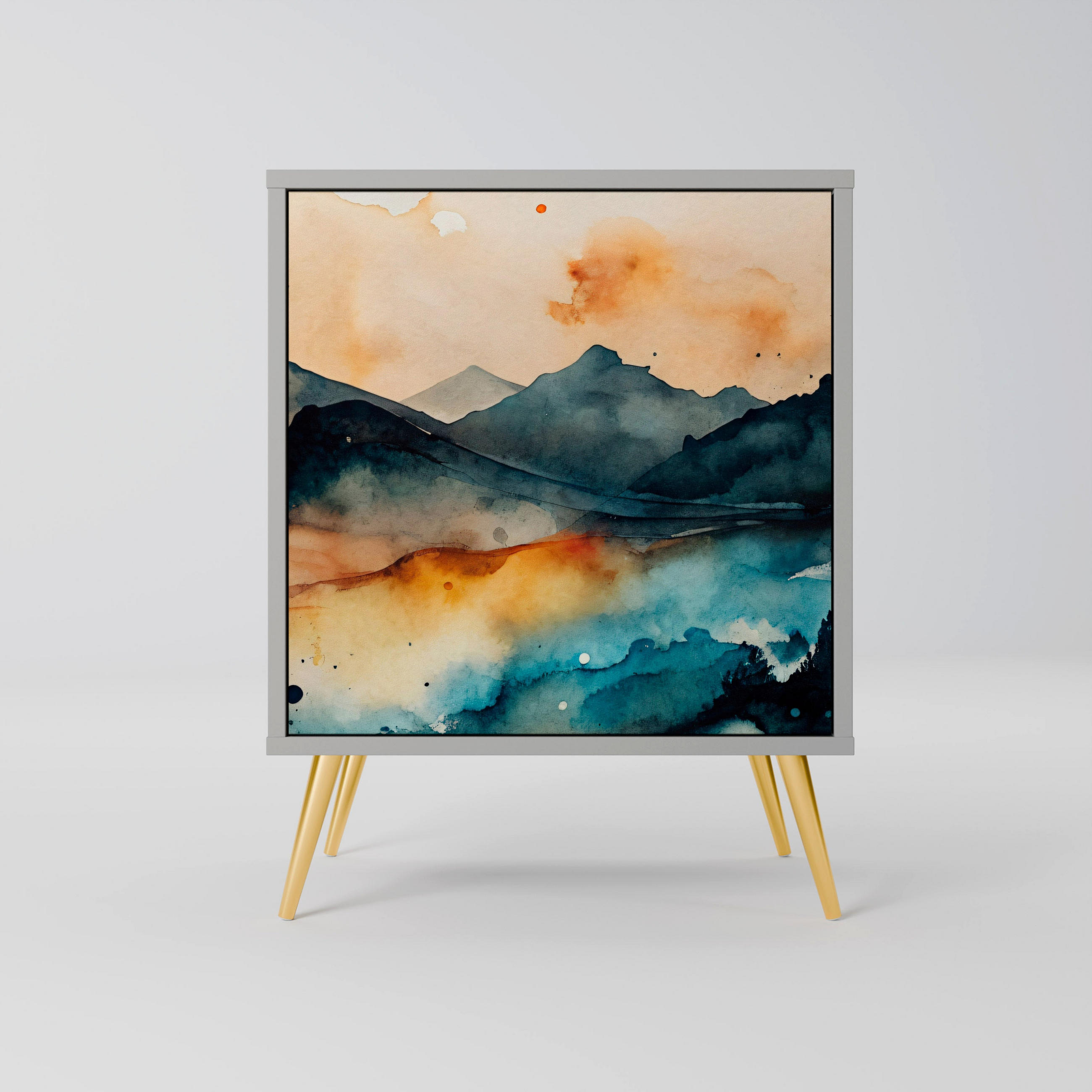 SIDEBOARD OMINOUS MOUNTAINS, Grau, 57,5x42x75,5 cm, Goldfarbene Metallfüße - Goldfarben/Multicolor, Holzwerkstoff/Metall (57.5/75.5/42cm) - SpaceRebels