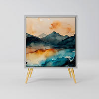SIDEBOARD OMINOUS MOUNTAINS, Grau, 57,5x42x75,5 cm, Goldfarbene Metallfüße - Goldfarben/Multicolor, Holzwerkstoff/Metall (57.5/75.5/42cm) - SpaceRebels