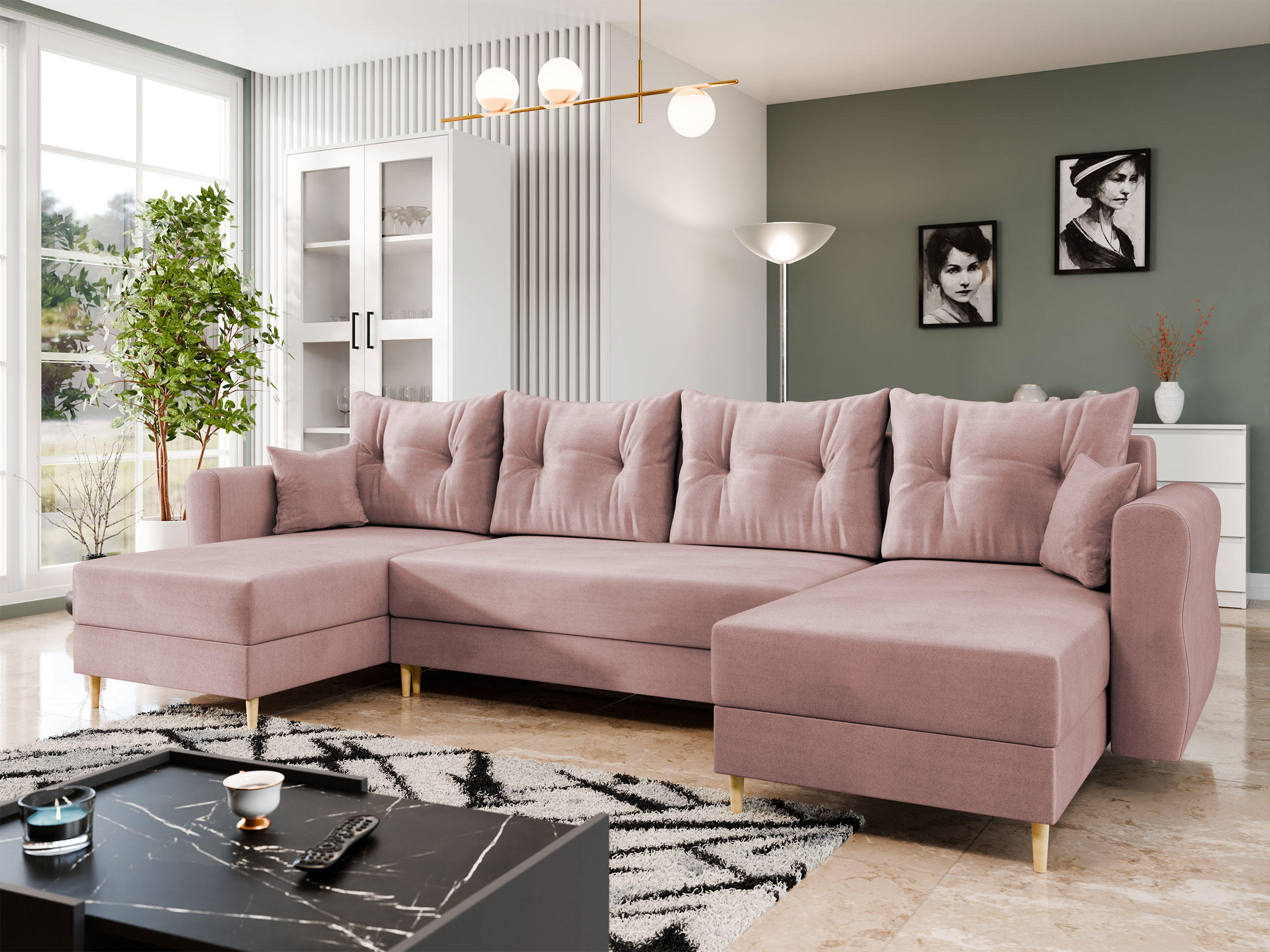 WOHNLANDSCHAFT Zako U - Naturfarben/Rosa, Holz/Textil (310/85/138cm) - MIRJAN24