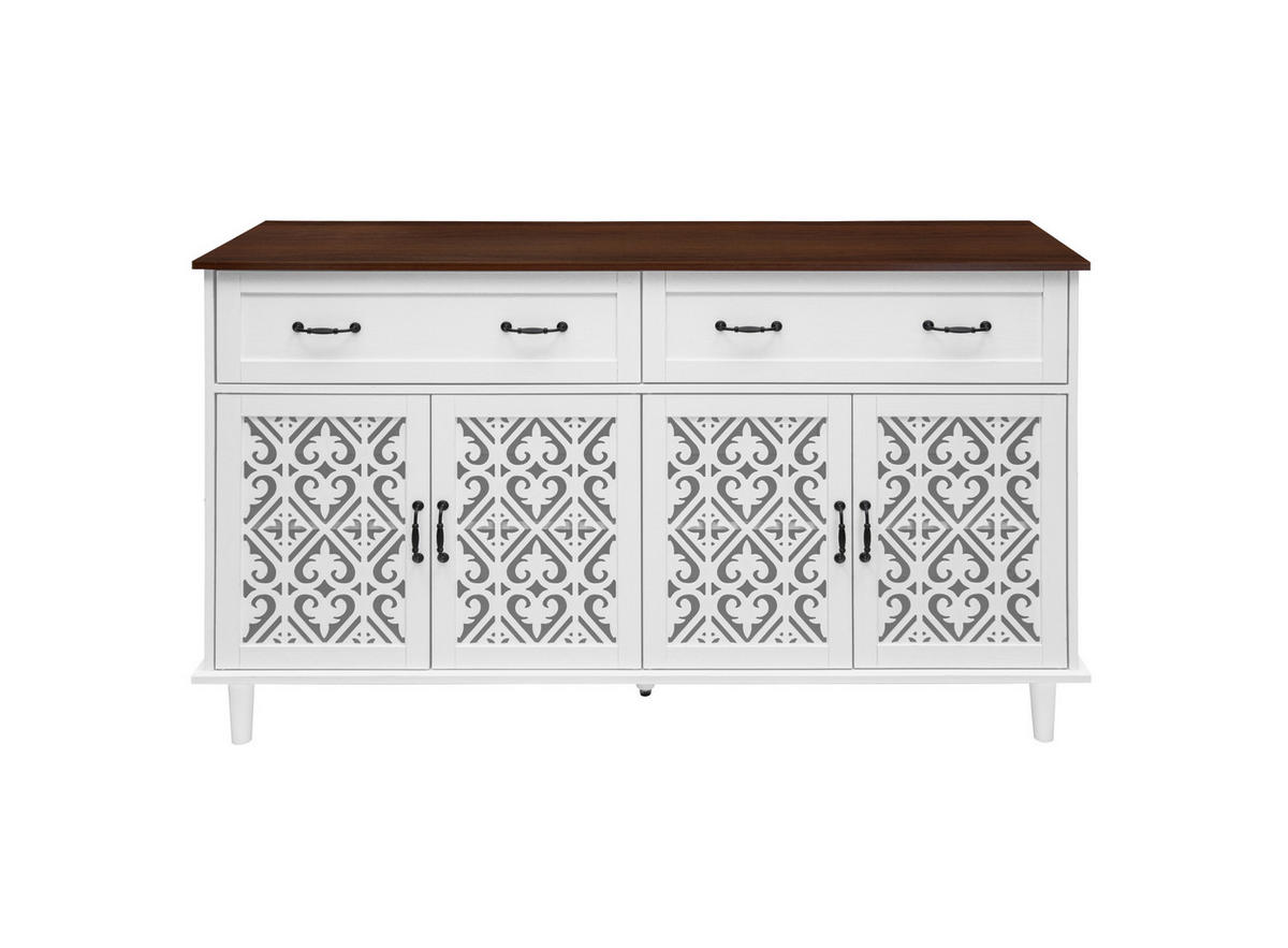 SIDEBOARD aus Spanplatte und Massivholz 150x40x93 cm Weiß mit 4 Türen, 2 Schubladen, verstellbaren Einlegeböden und Vintage-Front - Weiß, Holzwerkstoff (150/90.3/40cm) - Modfu