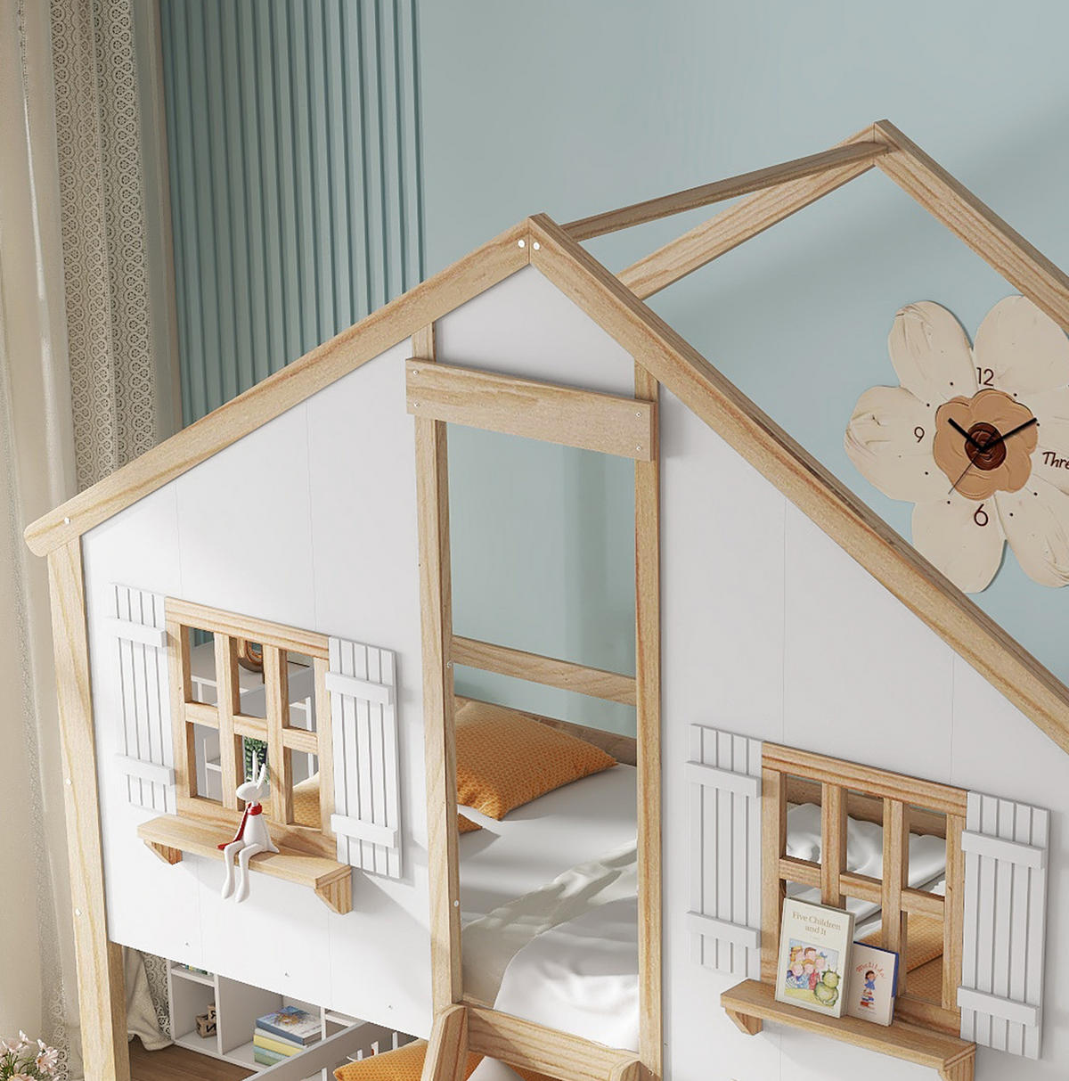 ETAGENBETT mit Fenster und Dach, Weiß/Natur, 90/200 cm, ohne Matratze - Weiß, Holz (90/200cm) - MIVRAY