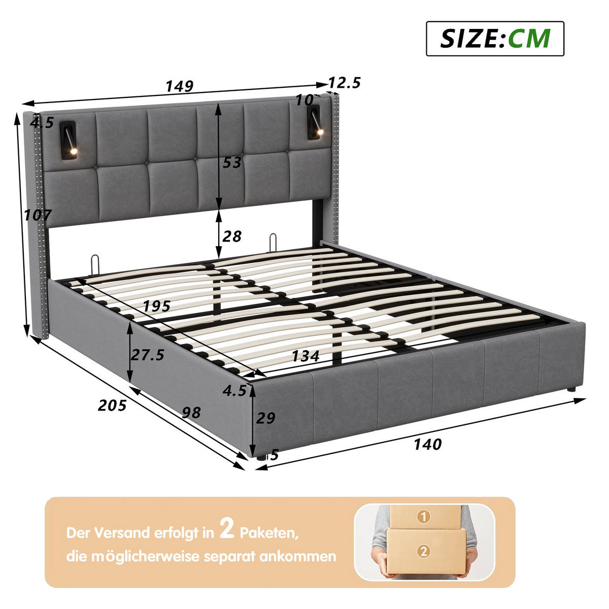 BETT mit Stauraum 140/200 cm, mit 2 zylindrischen LED-Lampen, Stauraum, USB-A/C-Aufladung, Holzlattenrost, Metallrahmen, gepolstertes Samtbett – Grey - Grau, Holzwerkstoff (140/200cm) - Brevoria
