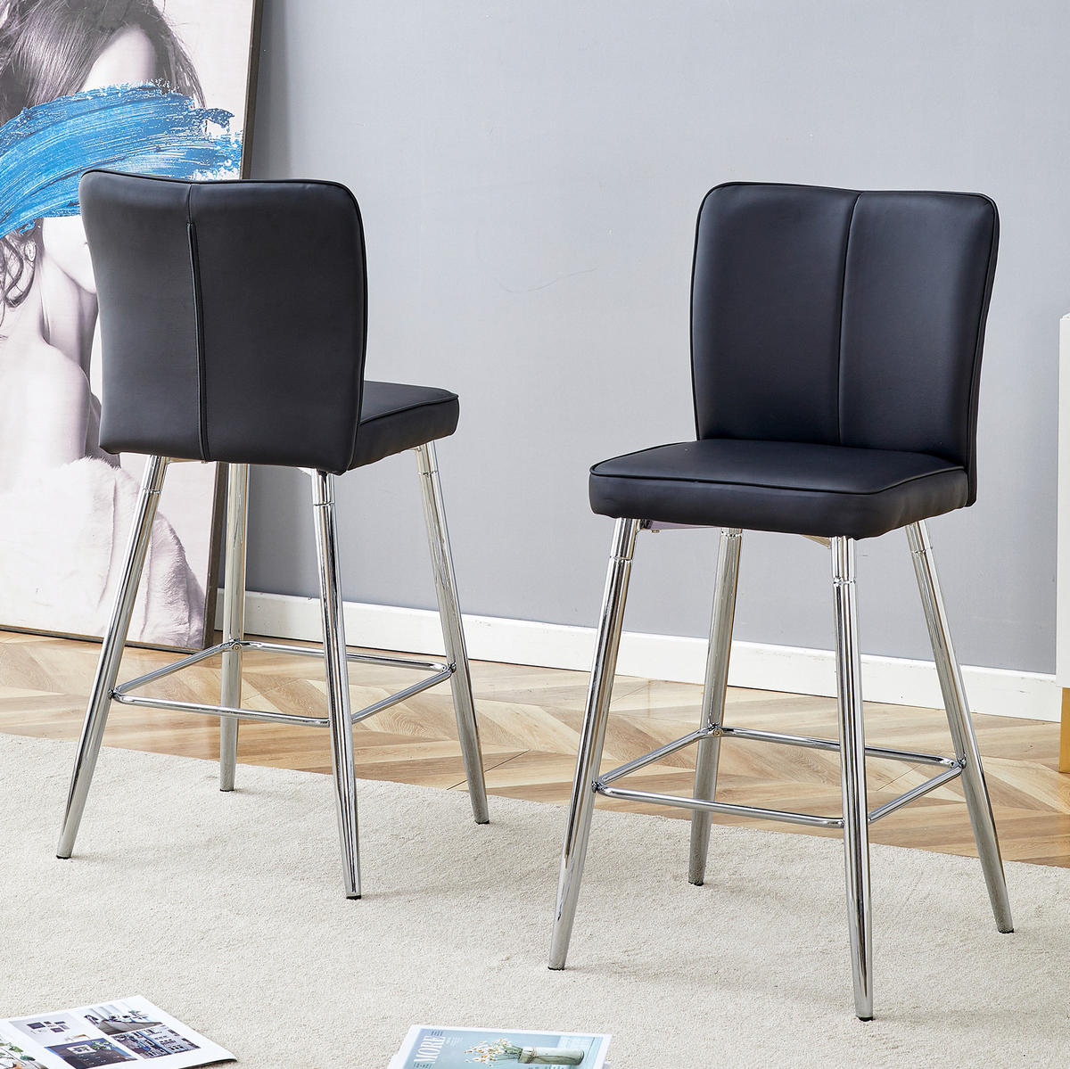 BARSTUHL 2er-Set mit Rückenlehne PU-Leder Schwarz Silber - Silberfarben, Metall (44/101/44cm) - Meubliv