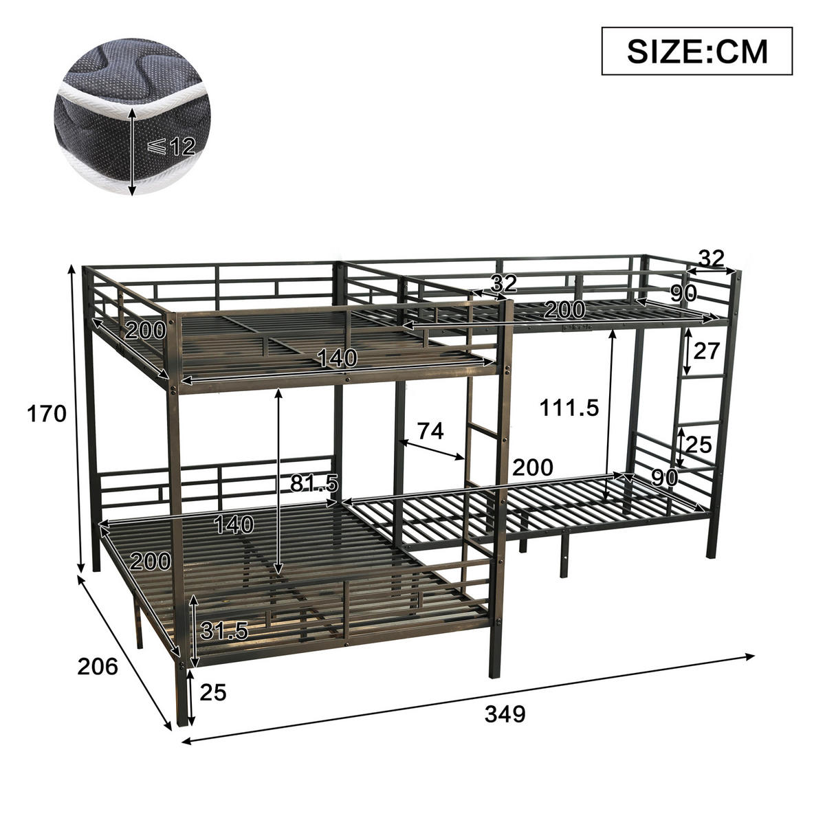 ETAGENBETT 90/200 cm & 140/200 cm aus Metall in Schwarz mit Leiter - Schwarz, Metall (90/200cm) - BEAOK