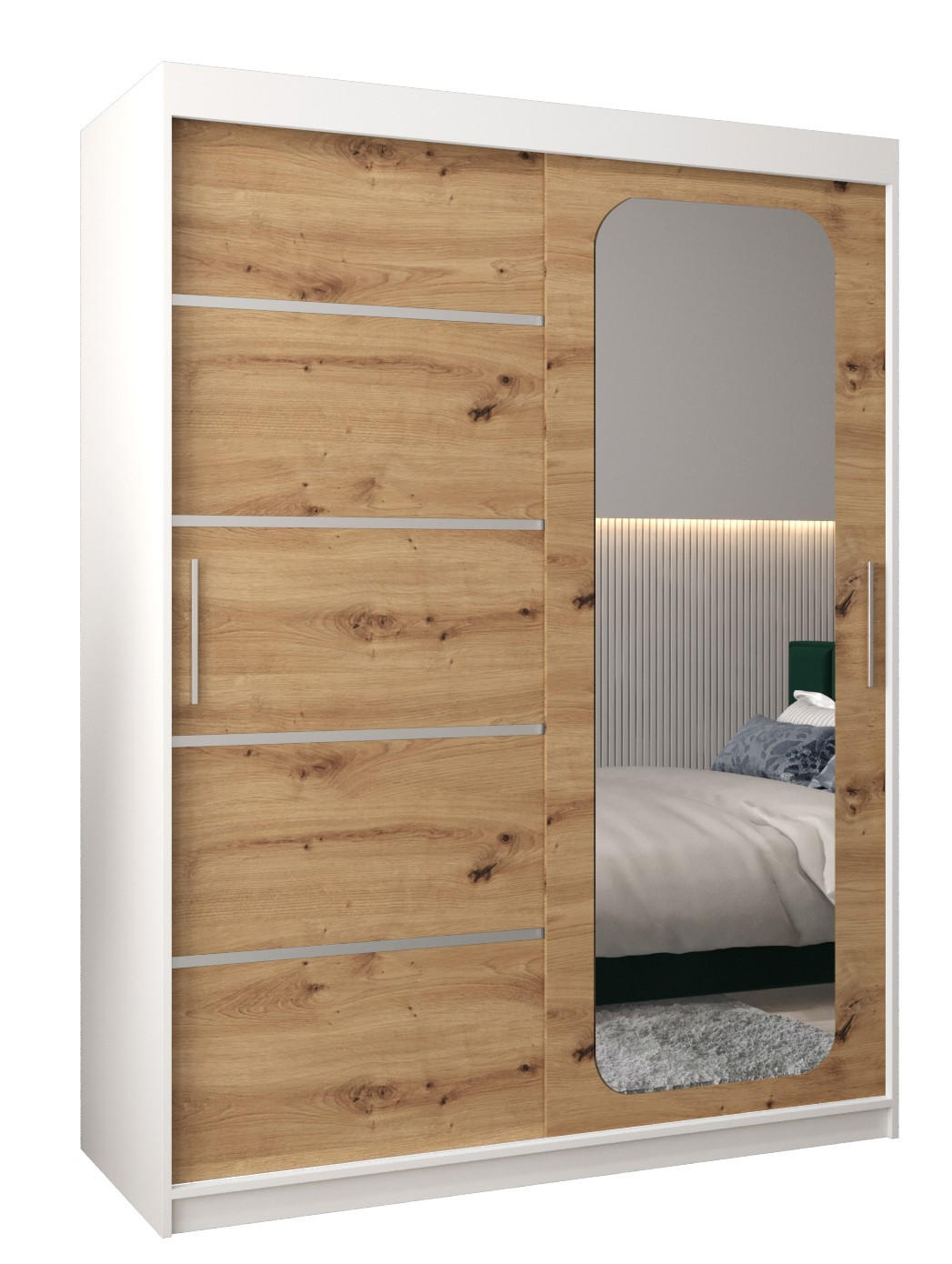 Abiks Möbel Schwebetürenschrank Weiß, Eiche Artisan 150x200x62 cm