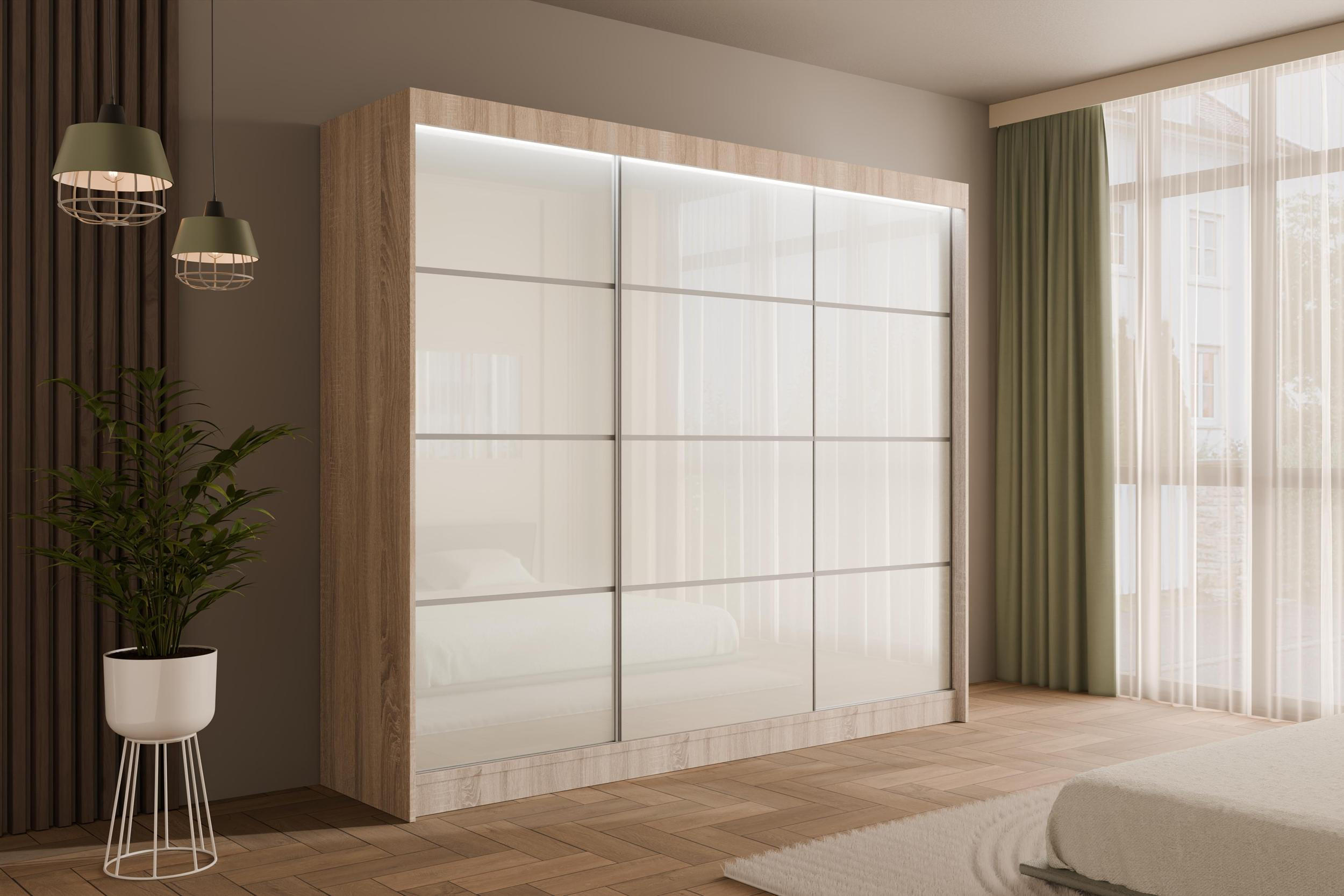 KLEIDERSCHRANK PEKA III mit LED - 250 cm - Sonoma Eiche|Weiß - Weiß/Sonoma Eiche, Holzwerkstoff (250/215/61cm) - ALTDECOR