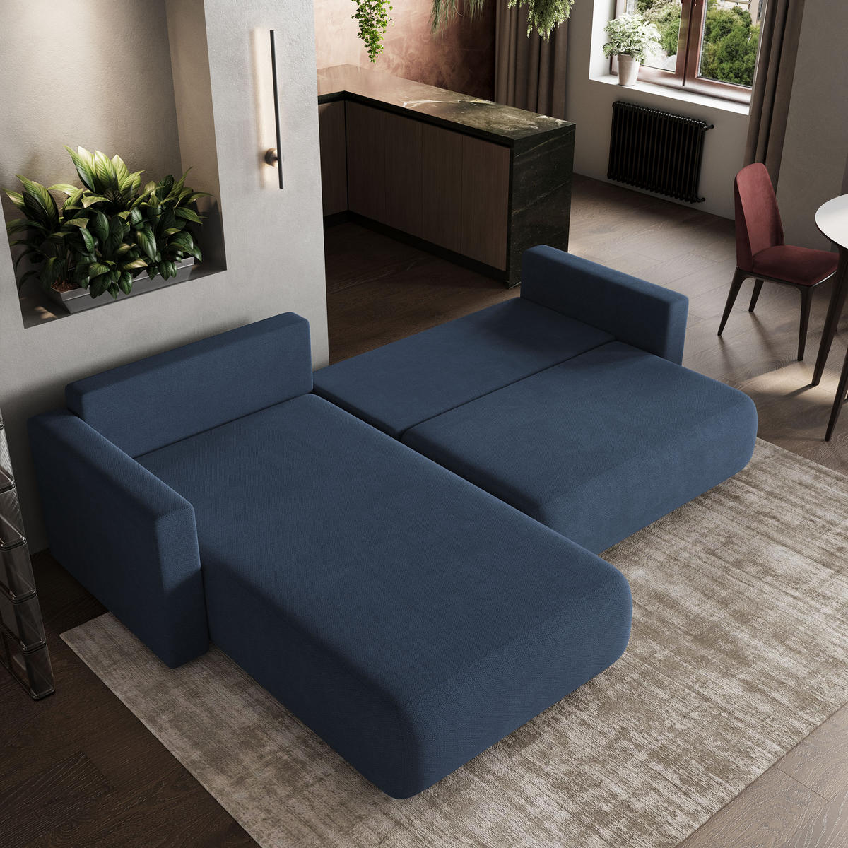ECKSOFA TURIN Blau Geflochtener Stoff mit Schlaffunktion - Blau, Holz (265/183cm) - MASSENO