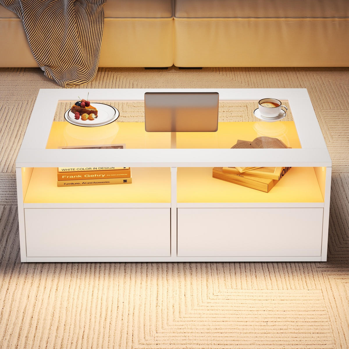 COUCHTISCH aus Glas und Spanplatte 100x50x35 cm Weiß mit LED-Beleuchtung, 2 Schubladen und USB-Anschluss - Weiß, Holzwerkstoff (100/50/35cm) - IVMEU