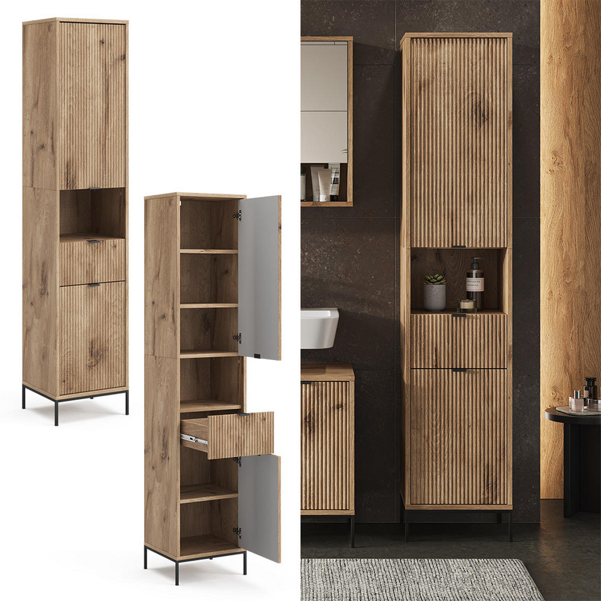BADSCHRANK Eliza Viking Oak 40 x 190 cm mit Tür und Schublade - Eiche Wotan, Holzwerkstoff (40/190/35cm) - Vicco