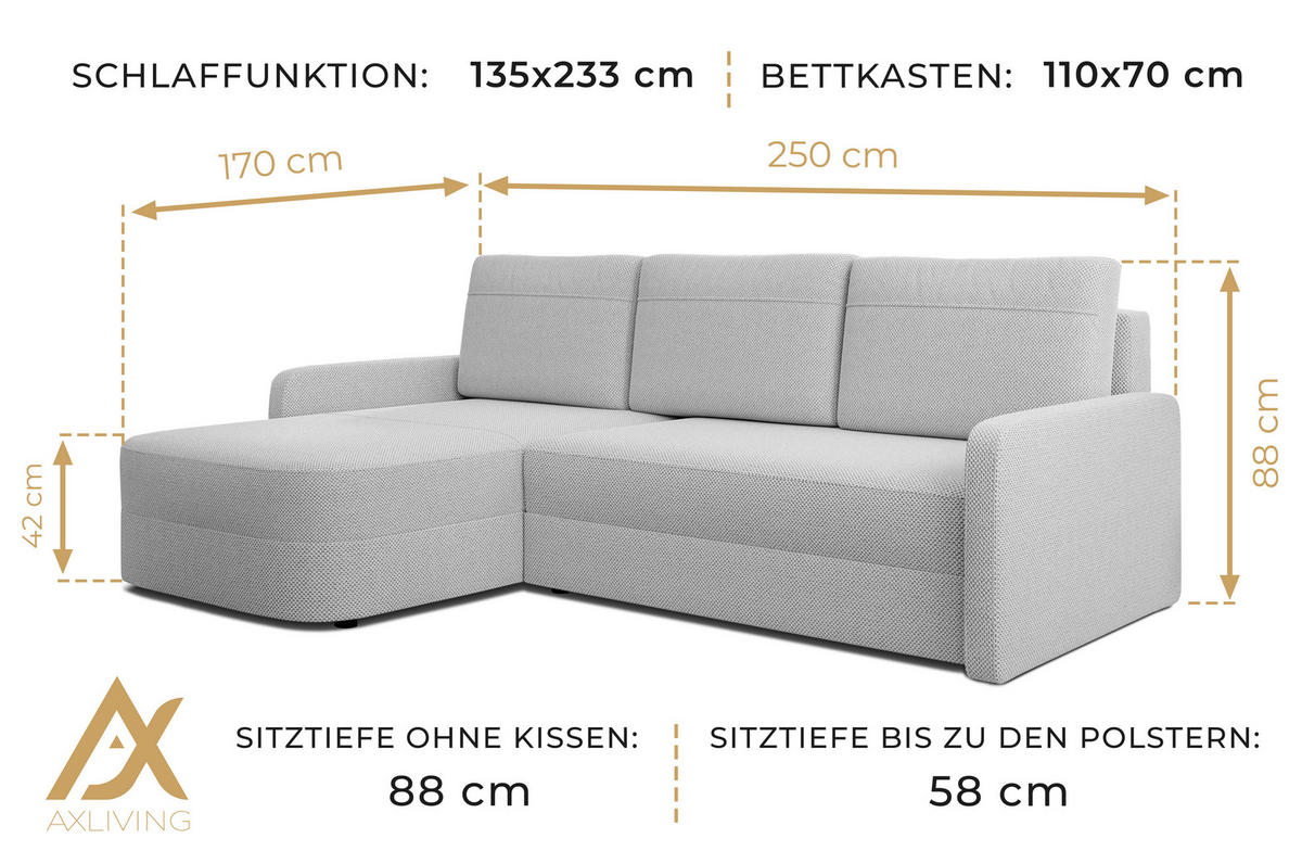 ECKSOFA L Form Nebbiolo Braun 250/170/88 cm – modernes Sofa fürs Wohnzimmer - Schwarz/Braun, Kunststoff/Textil (250/170cm) - AX Living