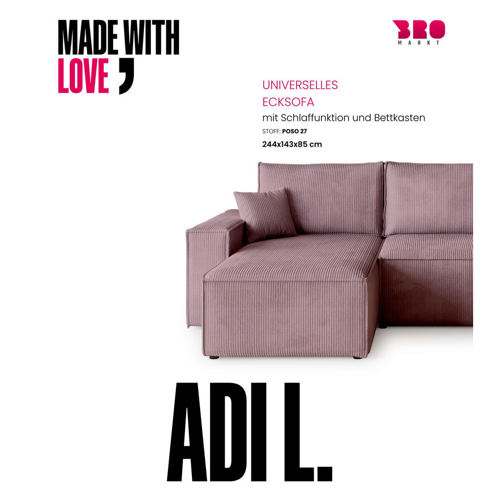 Thumbnail - Bromarkt Ecksofa, Rosa, Textil, 3-Sitzer, L-Form, 244x143 cm, Wohnzimmer, Sofas & Couches, Wohnlandschaften, Ecksofas