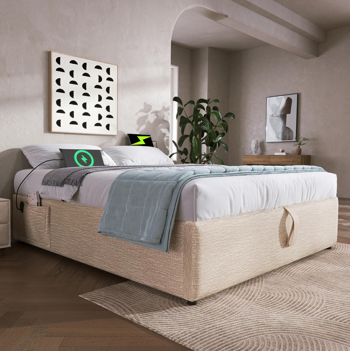 POLSTERBETT aus Leinen 140x200 cm in Natur mit USB-C & Stauraum - Naturfarben, Textil (140/200cm) - Modfu