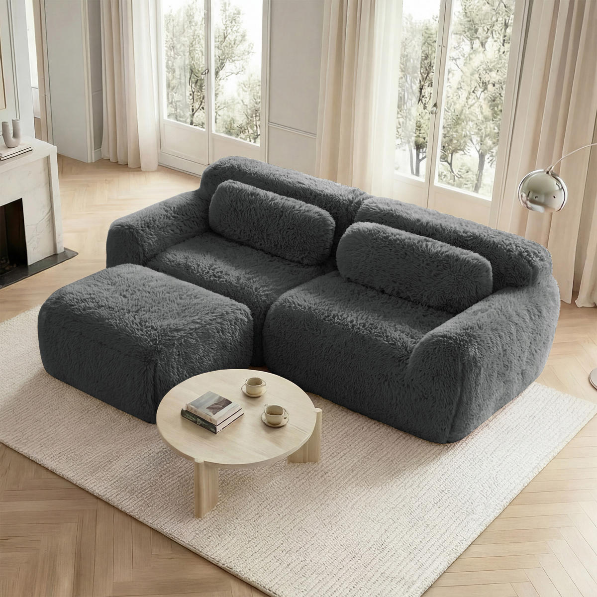 2-SITZER SOFA Plüsch Grau mit Kissen - Grau, Textil (204/179cm) - WISHDOR