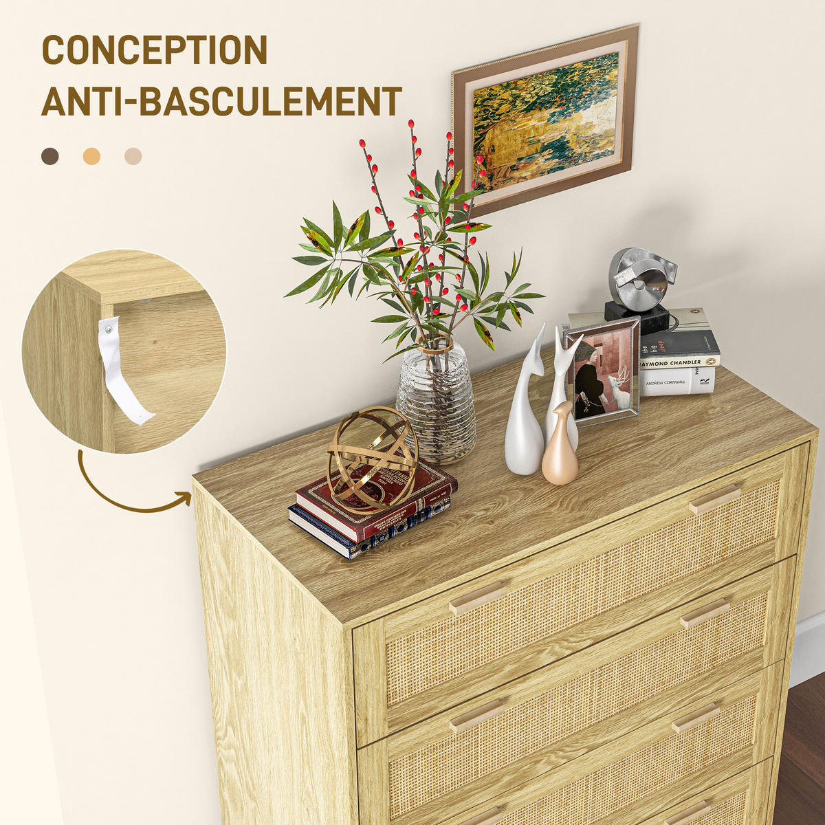 KOMOODE DE-12836 4 Schubladen mit Rattan Hellholz - Naturfarben, Holzwerkstoff (90/108.5/45cm) - ComfortXL