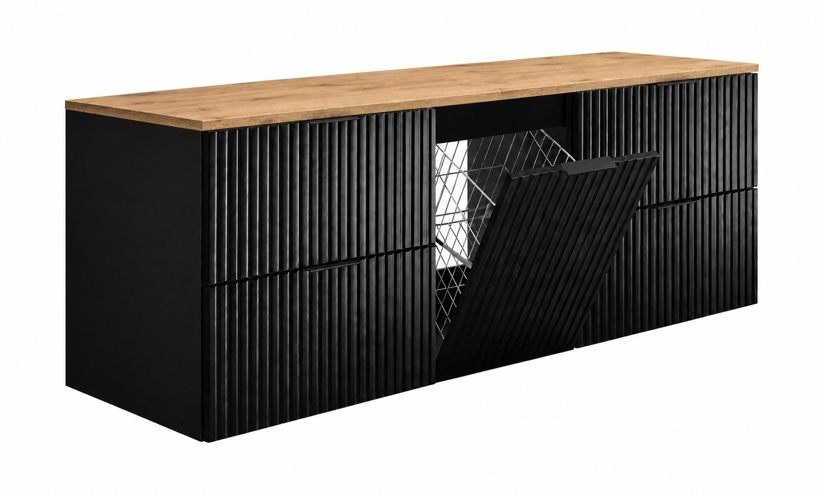 BADMÖBEL-SET MIT WÄSCHEKORB: Schwarz / Platte Eiche Craft, Griffe Schwarz, 160 x 46 x 57 cm - Eichefarben/Schwarz, Holzwerkstoff (160/57/46cm) - 3XE LIVING