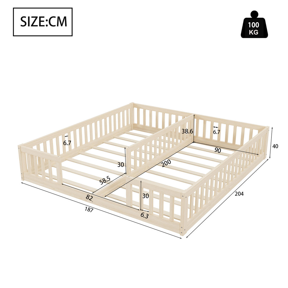 BODENBETT 90/200 cm DE-03167, als 2er-Set mit Gitter und Lattenrost, in Natur - Naturfarben, Holz/Holzwerkstoff (90/200cm) - ComfortXL