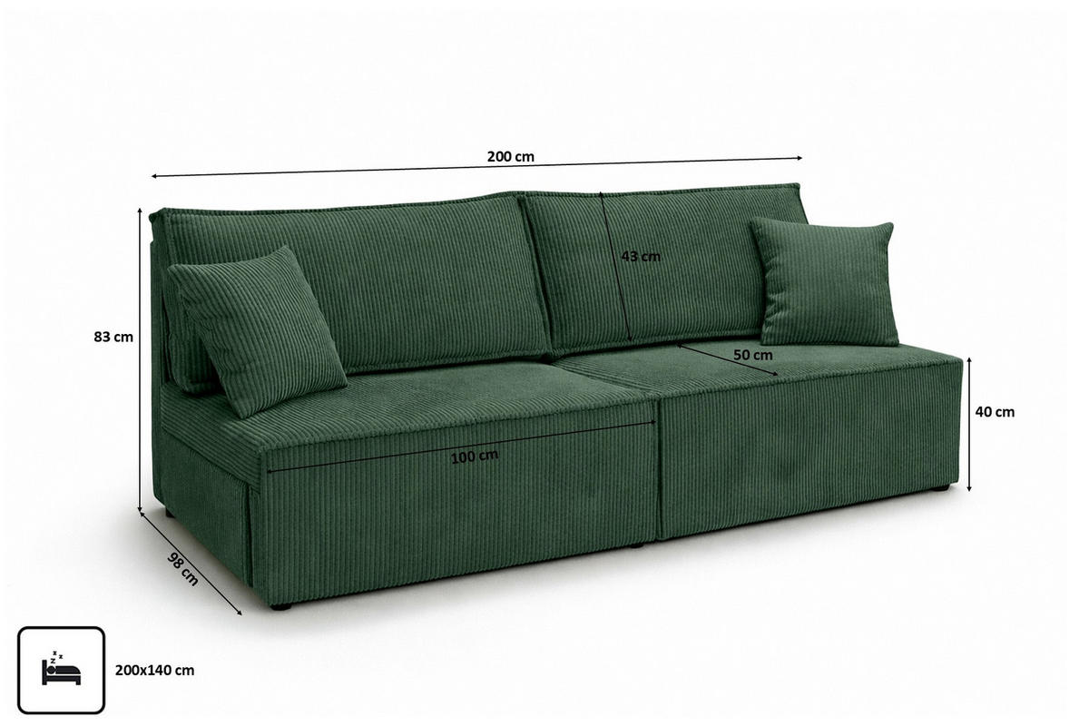 SOFA Mit Schlaffunktion Und Bettkasten, Cordstoff Poso, Hellgrau, BEST MINI - Grün, Holz (200/83/98cm) - Kaiser Möbel