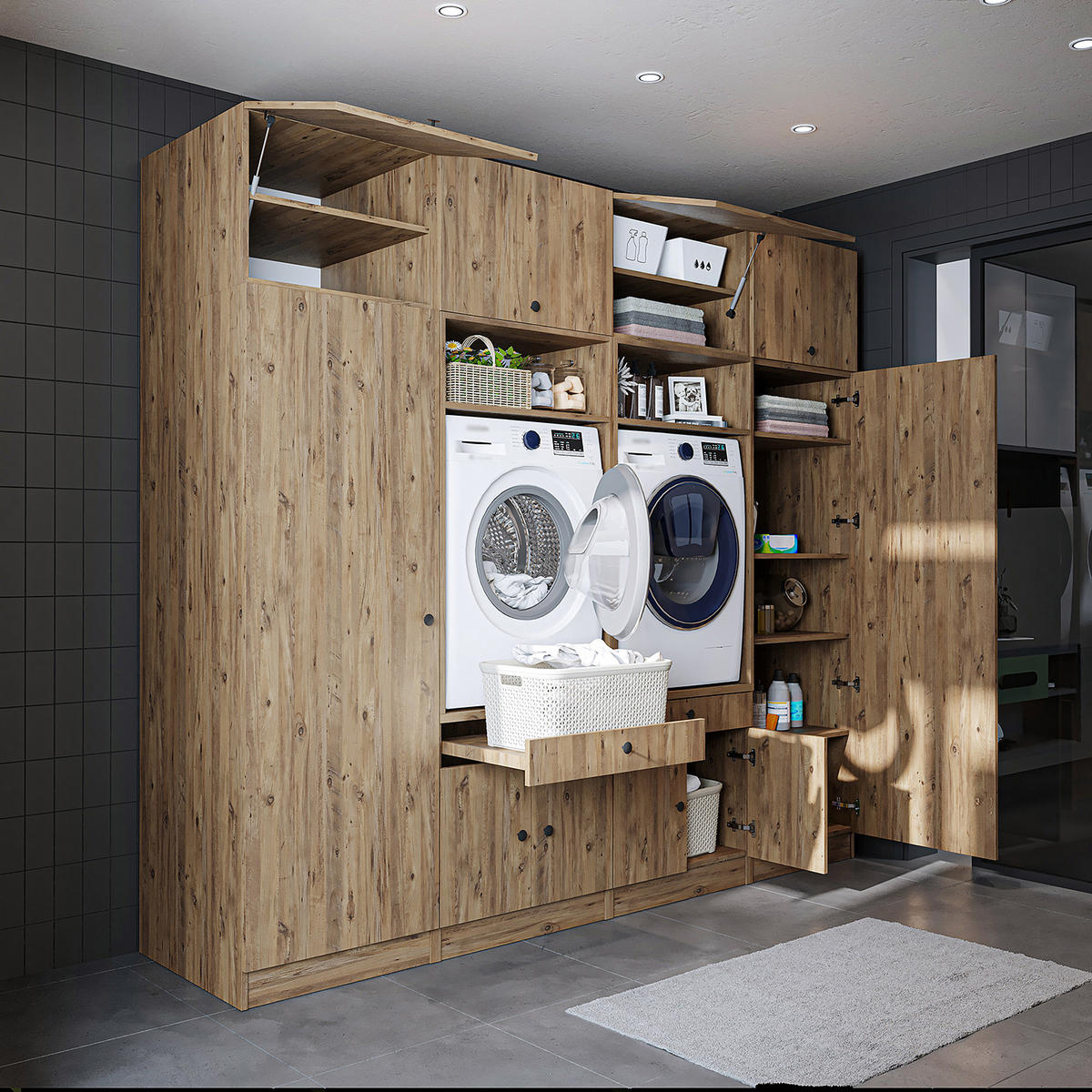 WASCHMASCHINENSCHRANK Serie 1 254cm Breit, 230cm Hoch - Eichefarben, Holzwerkstoff (254/230/67cm)