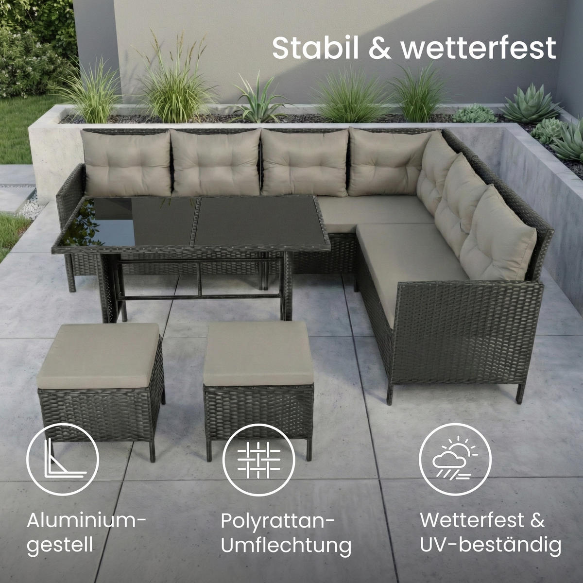GARTENMÖBEL-SET mit Ecksofa und Esstisch in graue Kissen - Grau, Metall - Home Collective