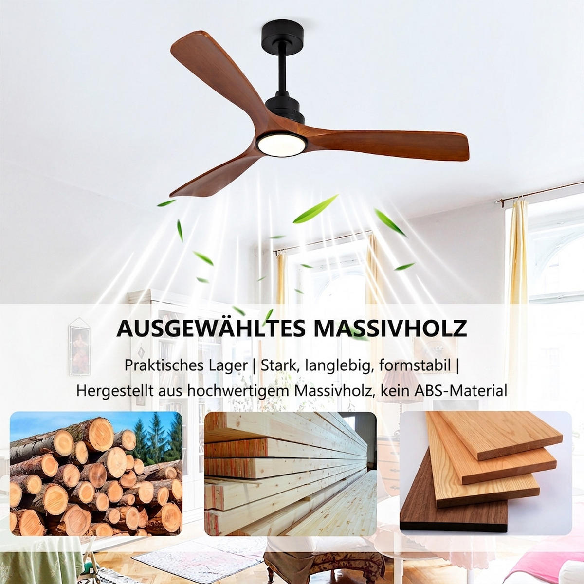 DECKENVENTILATOR & 3 Holzflügeln, 3-Stufen Dimmer, DC-Motor(35dB) - Schwarz, Holzwerkstoff (132/132/45.7cm) - BEXEVUE