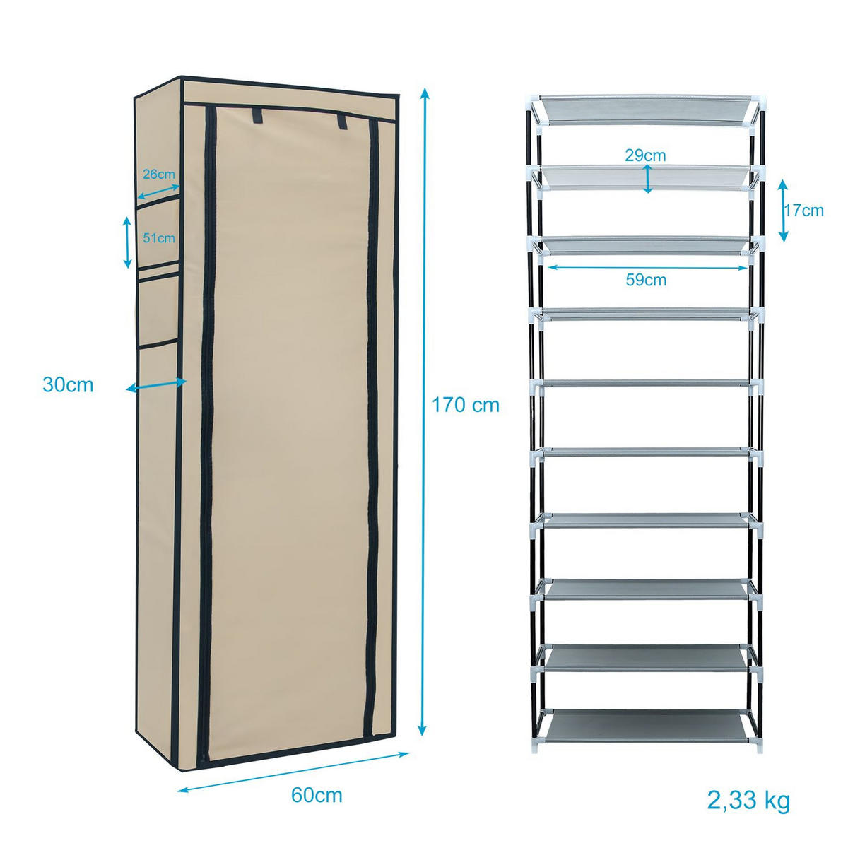 STOFFSCHRANK Faltschrank 170/58/28 cm - Beige, Textil (28/170/58cm) - Intirilife