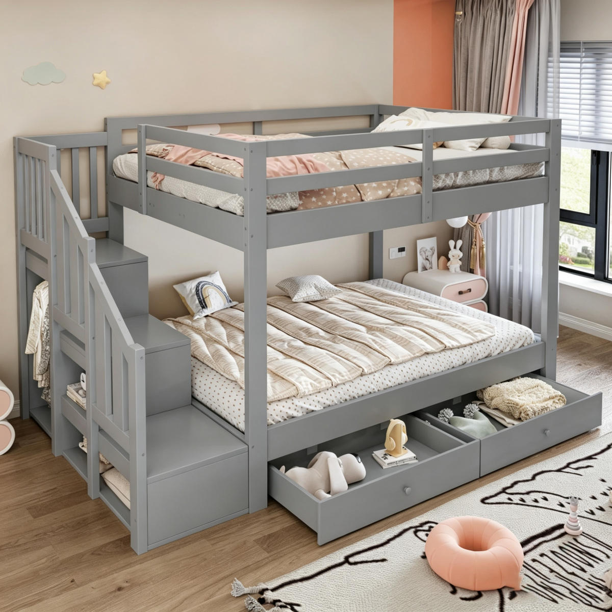 HOLZ-ETAGENBETT 140 x 200 cm mit Stauraumleiter, Grau - Grau, Holz (140/200cm) - FLIEKS